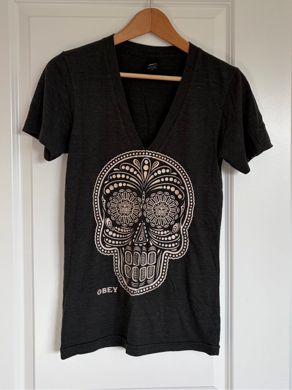 Obey Vintage Women's Dark Grey V-Neck Tee with glow in the dark Sugar Skull